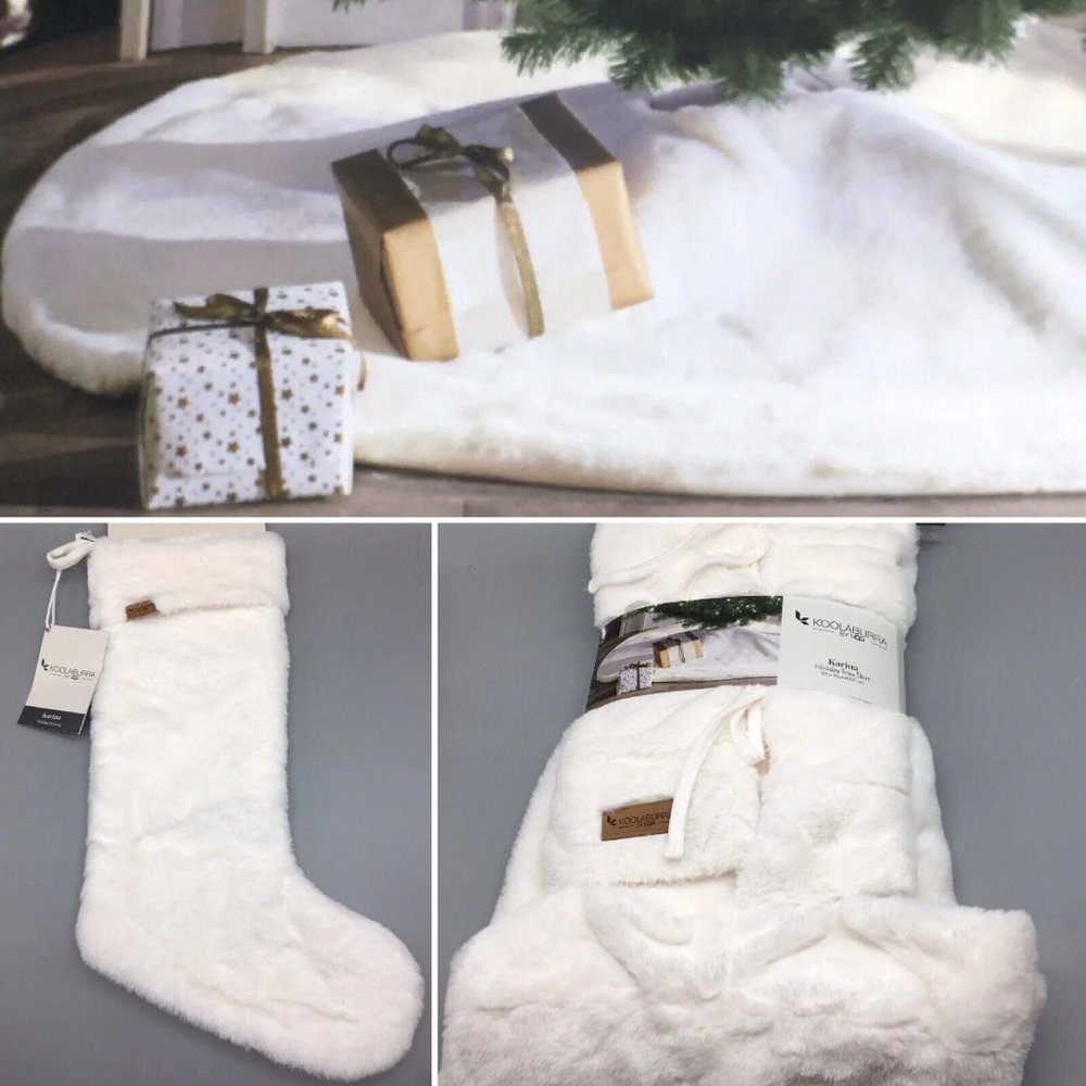 5pc Koolaburra UGG Karina White Faux Fur 54" Christmas Tree Skirt 4 Stocking Set
